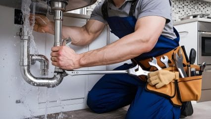 Plumber repairing sink pipes in Athens, Georgia home