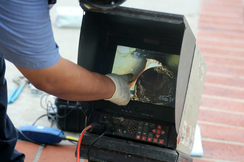 Technician viewing a drain inspection camera in Athens